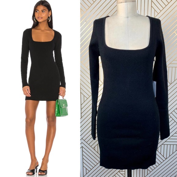 Black Ribbed Square Neck Sweater Dress 